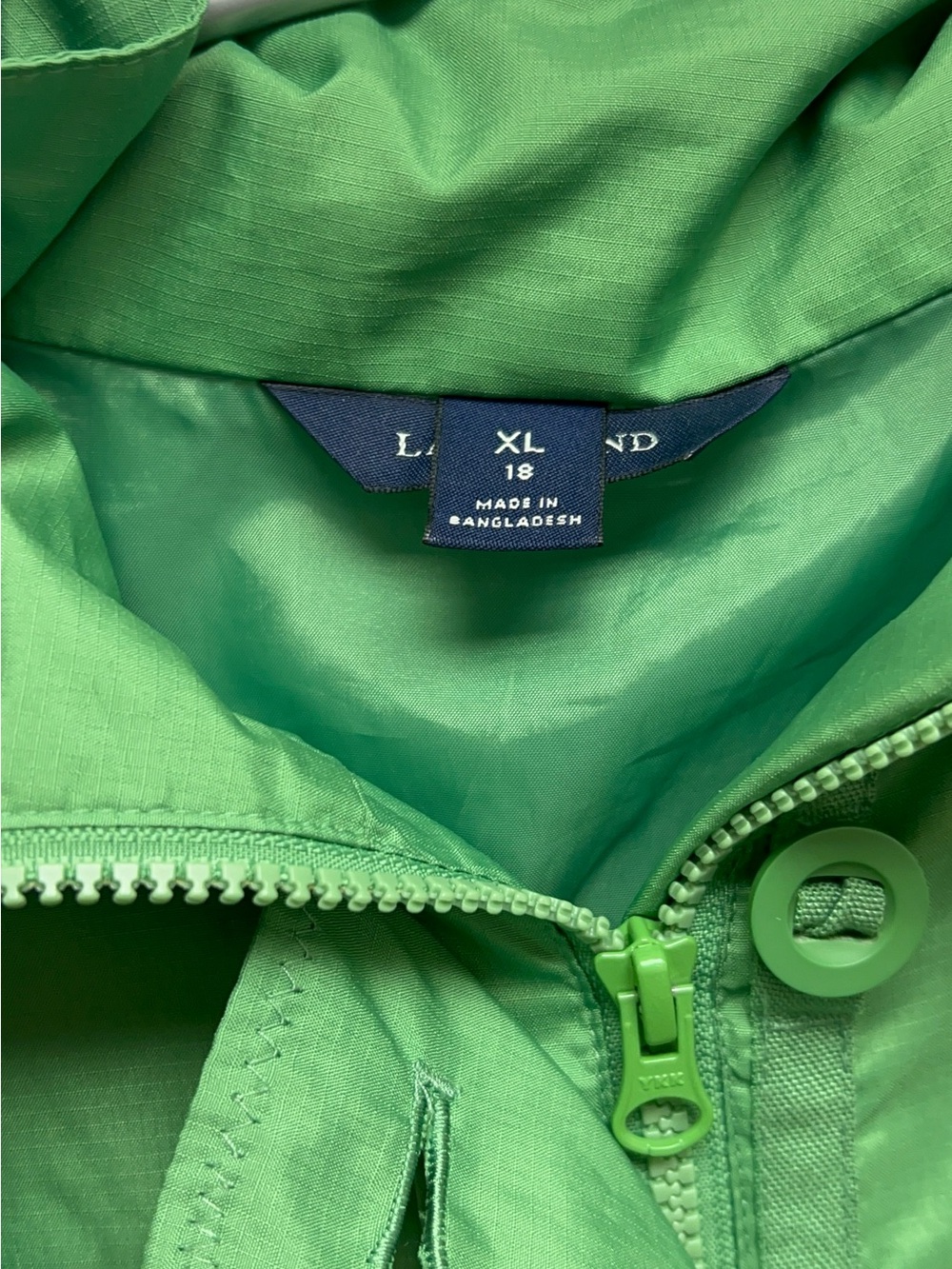 Lands End Green Hooded Rain Jacket Size XL 18 - Picture 3 of 4